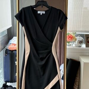 Almost Famous Black and Tan Asymmetrical Sheath Dress V-neck Short Sleeve